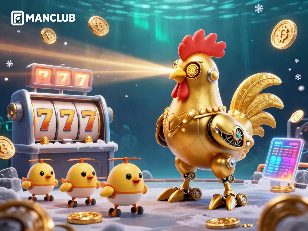 Engage in the MANCLUB casino adventure with a golden rooster robot and Bitcoin coins in an ultra-detailed scene.