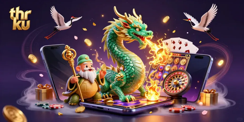 Engage with thrilling games at thr ku with an illustration showcasing a jade dragon and lucky symbols.