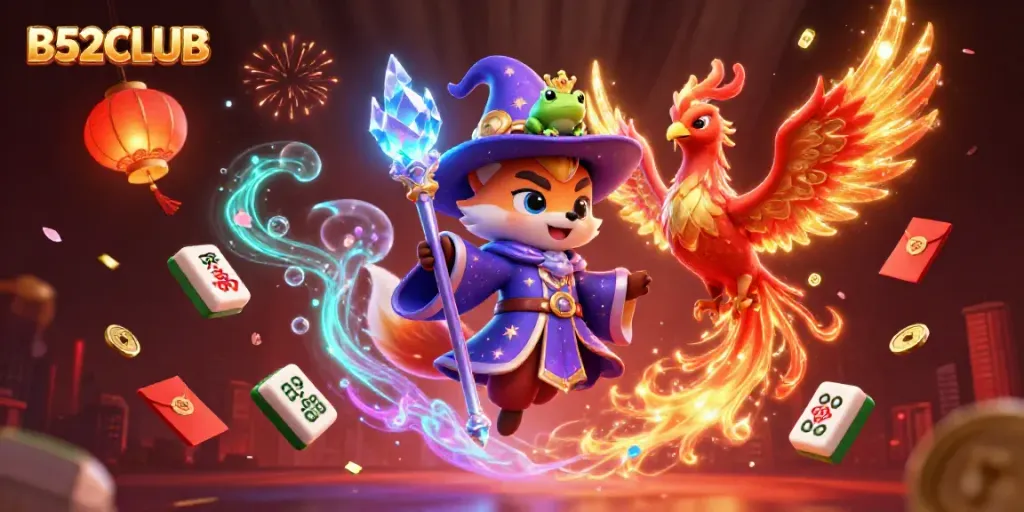 Engage in competitive gaming with B52CLUB amidst vibrant casino magic and enchanting characters.