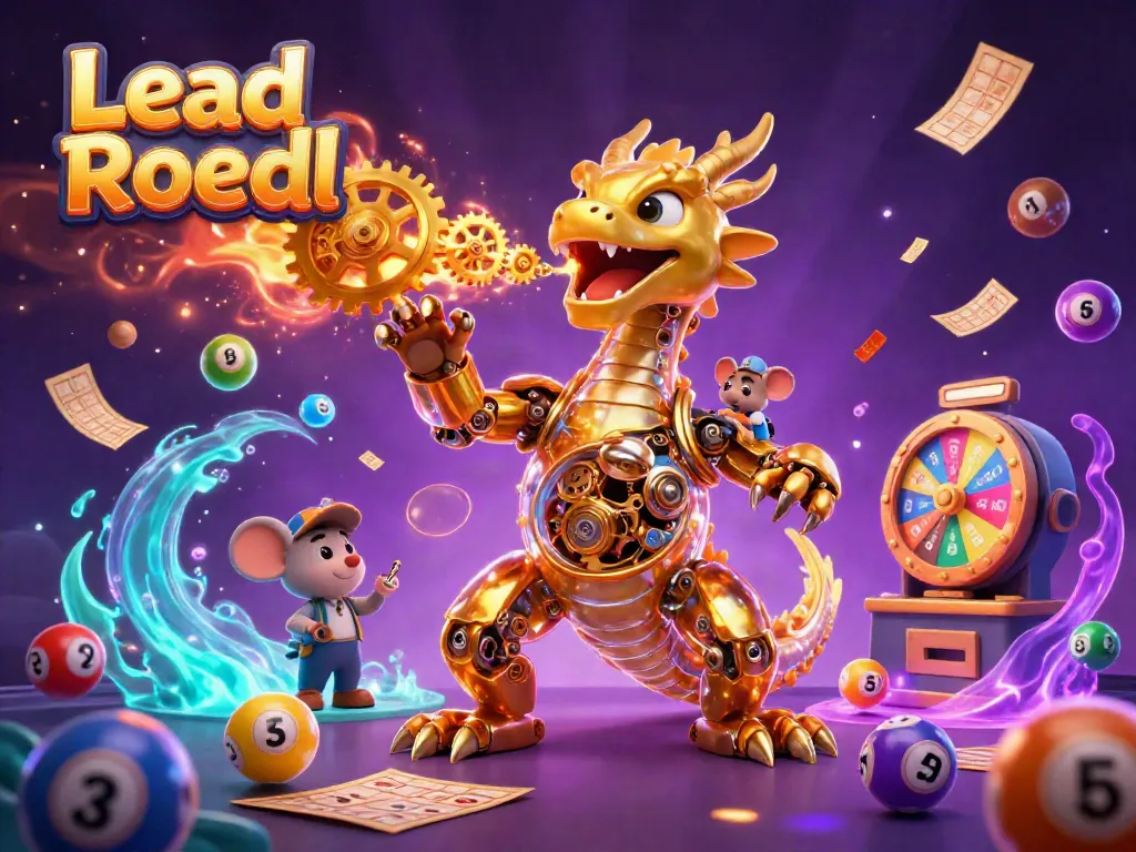 Lead Roedl showcases a vibrant 3D dragon scene bursting with lottery elements.