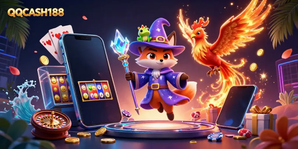 Experience thrilling slots at QQCASH188 with a mystical wizard and dynamic gaming elements.