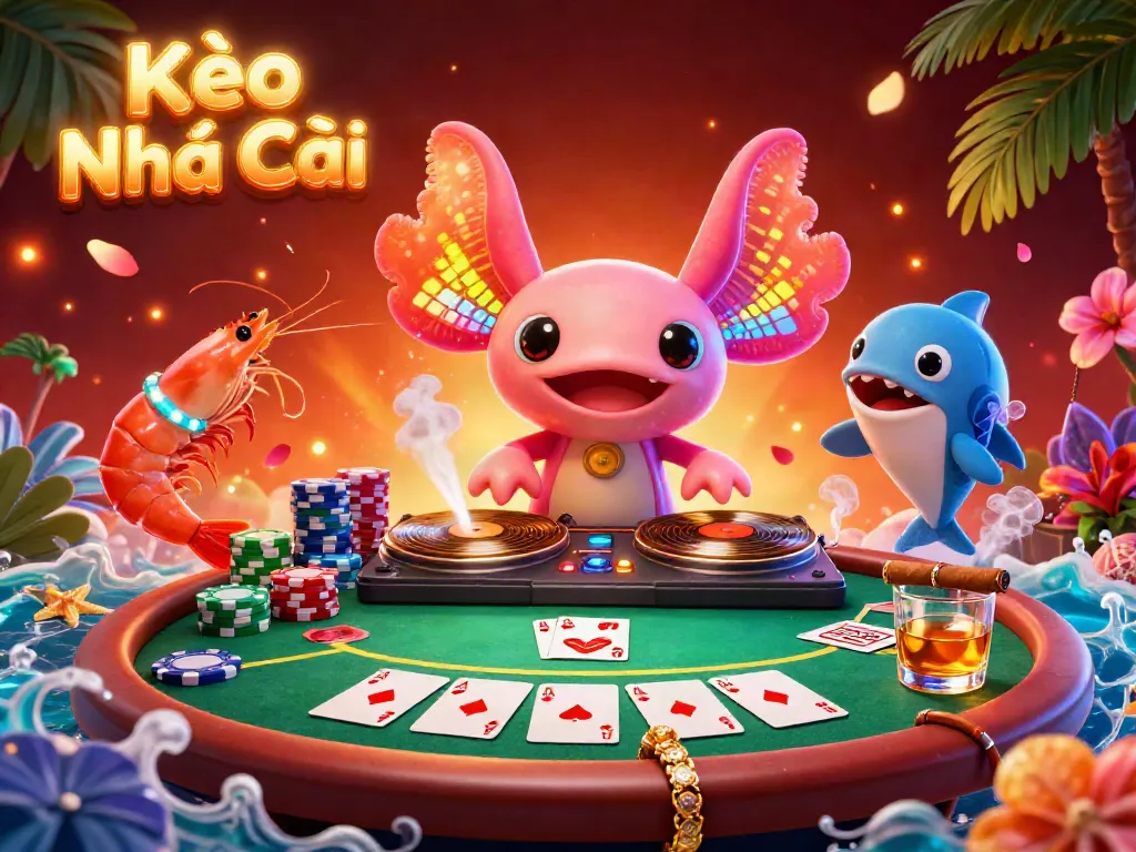Kèo Nhà Cái shows a neon axolotl DJ spinning records surrounded by poker elements in a vibrant underwater scene.