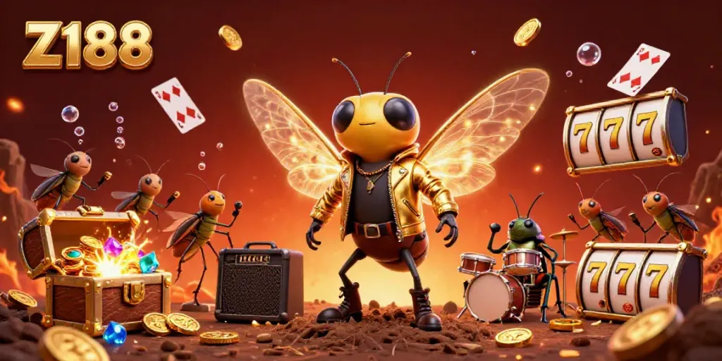 Z188 players thriving in a vibrant casino scene with energetic characters and floating game elements.