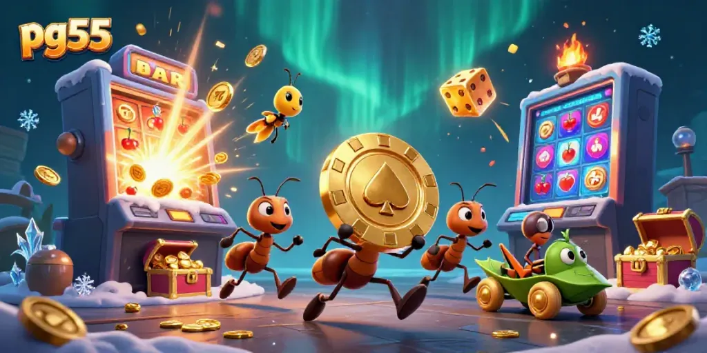 Ants executing a heist with a golden poker chip in a casino-themed scene featuring pg55 elements.