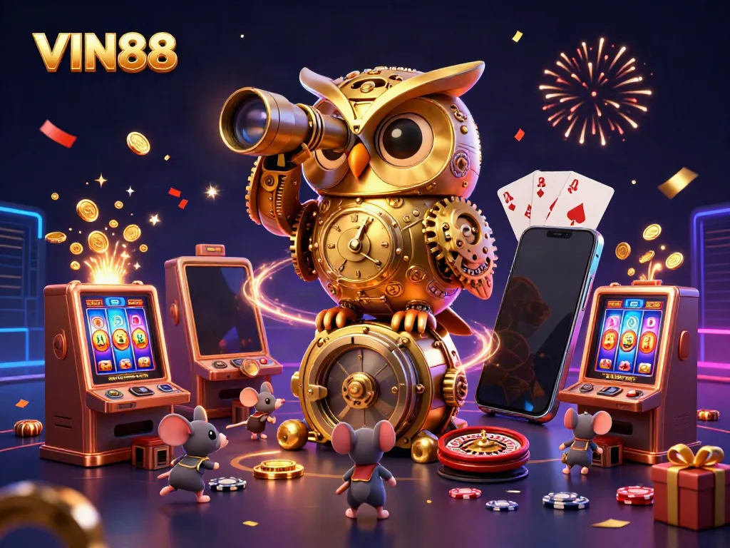 Engage in thrilling gaming with VIN88 as clockwork owl oversees a bustling casino.