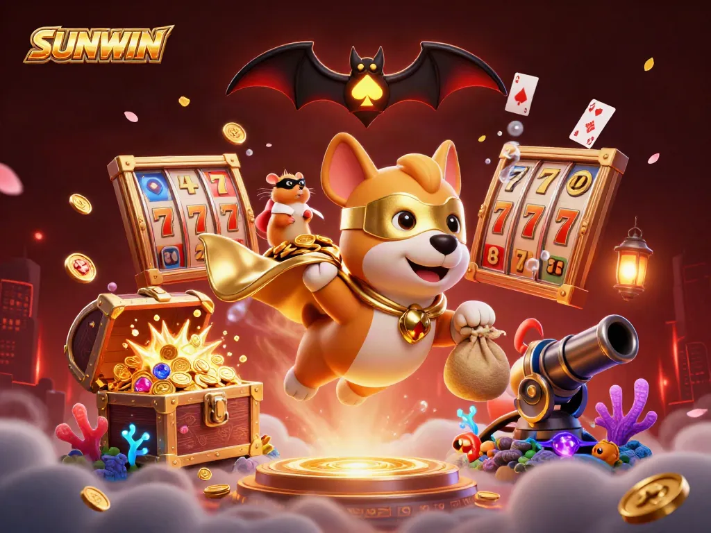 SUNWIN superhero dog and hamster fly through a vibrant casino scene filled with slots and treasure.