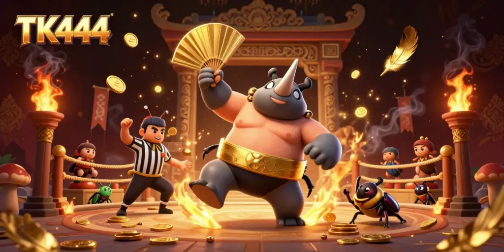 Experience thrilling action at TK444 with a dominant rhinoceros beetle champion amidst a vibrant casino scene.