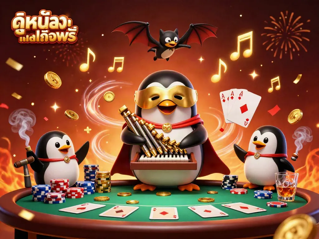 Experience ดูหนังออนไลน์ฟรี with an engaging 3D casino scene featuring a penguin and vibrant poker elements.