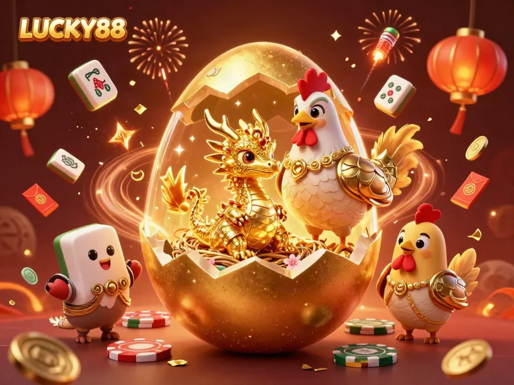 Engaging depiction of LUCKY88 featuring a golden dragon among poker chips in a celebratory casino atmosphere.