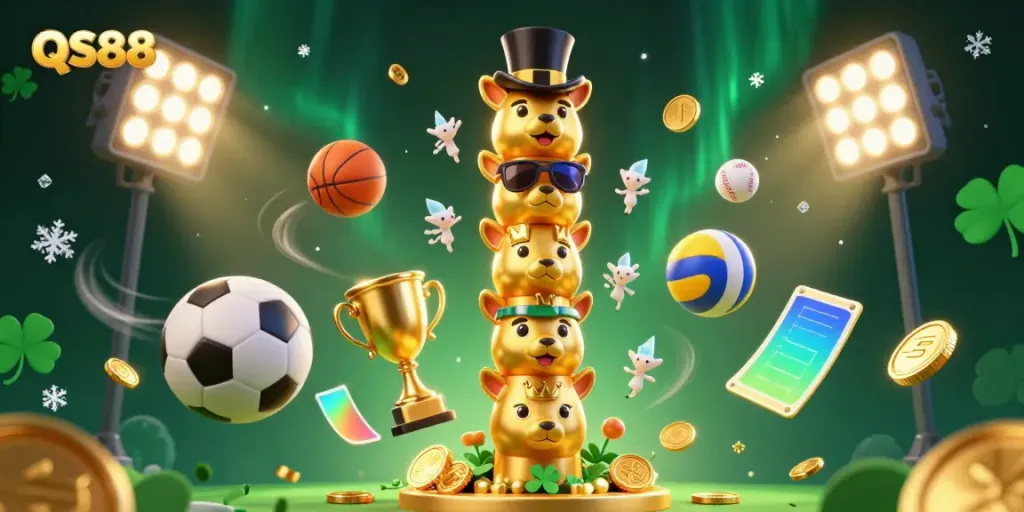 Experience thrilling sports action with QS88's dynamic casino scene featuring a magical totem and flying games.