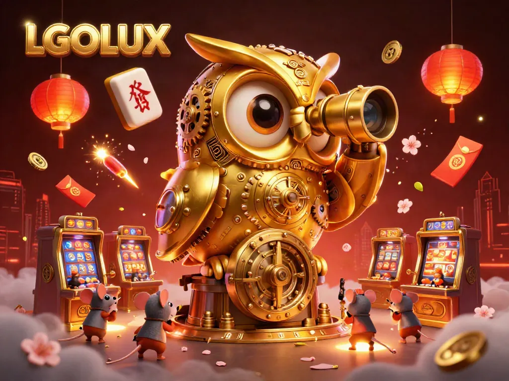Experience LGOLUX's vibrant casino ambiance with a golden clockwork owl and dazzling game elements.