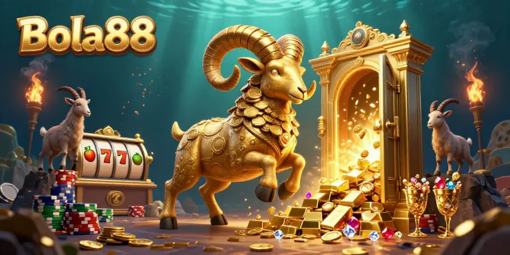 Bola88 gaming action featuring a golden ram and casino elements with vibrant jewels and treasures.