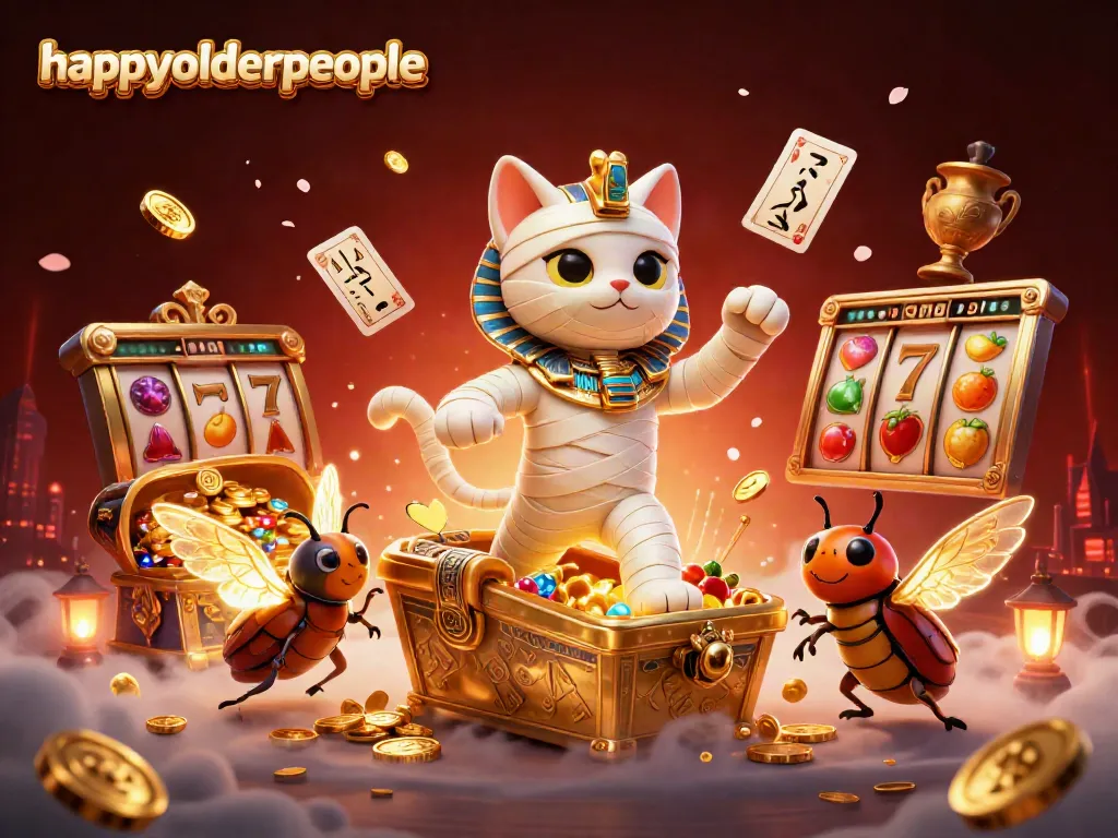 Engage with happyolderpeople in this vibrant, immersive 3D casino illustration featuring a mummy cat and golden treasures.