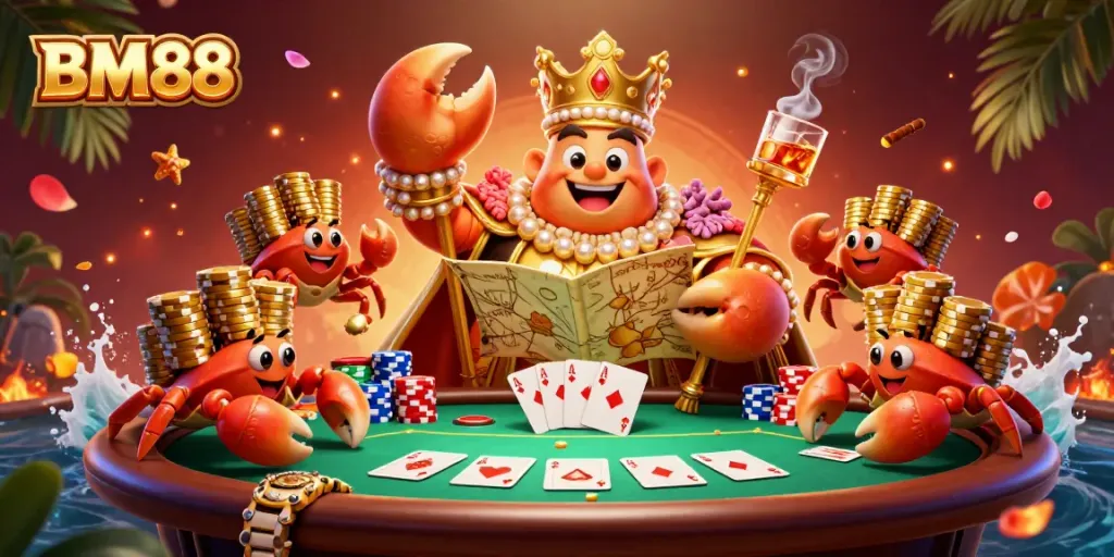 Engage in thrilling poker action at BM88 with a golden crab emperor among colorful chips and cards.