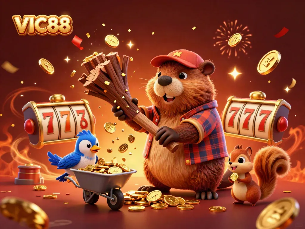 Experience VIC88's vibrant casino adventure with a cartoon lumberjack beaver, gold coins, and lively slot elements.