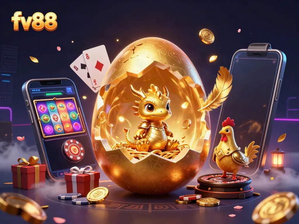 Experience thrilling wins at fv88 with a dragon-themed casino illustration showcasing vibrant games and golden treasures.