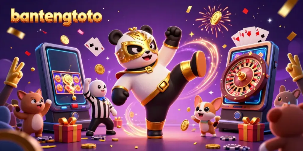 Experience the excitement of gambling with bantengtoto, featuring a vibrant scene of a professional wrestler panda and animated animal spectators.