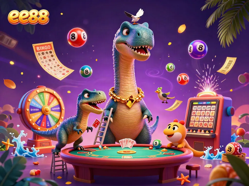 Engaging illustration depicting ee88’s vibrant casino scene with a giant dinosaur and dynamic game elements.