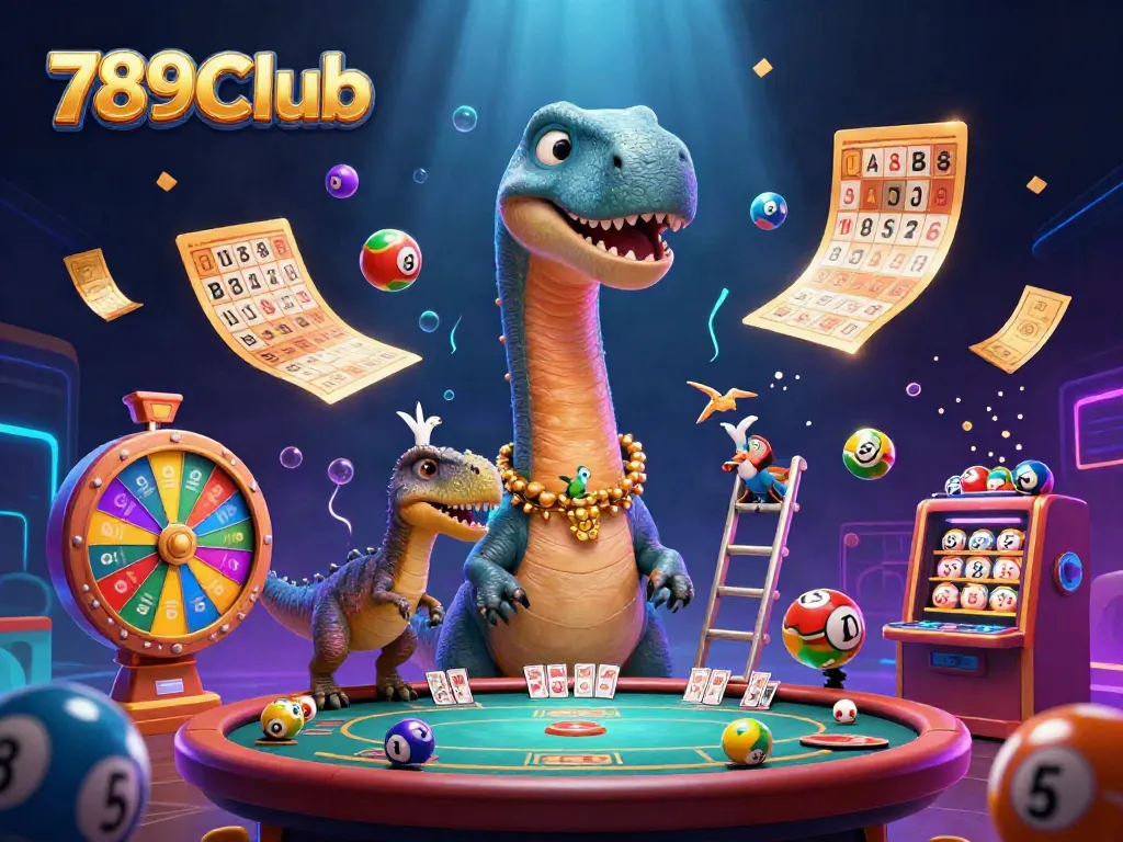 Experience excitement with 789Club as a giant brontosaurus oversees a bustling casino scene
