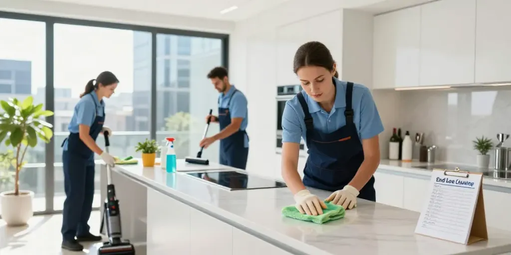 Professional end of lease cleaning Melbourne in a bright apartment, showcasing detail-oriented cleaners at work.