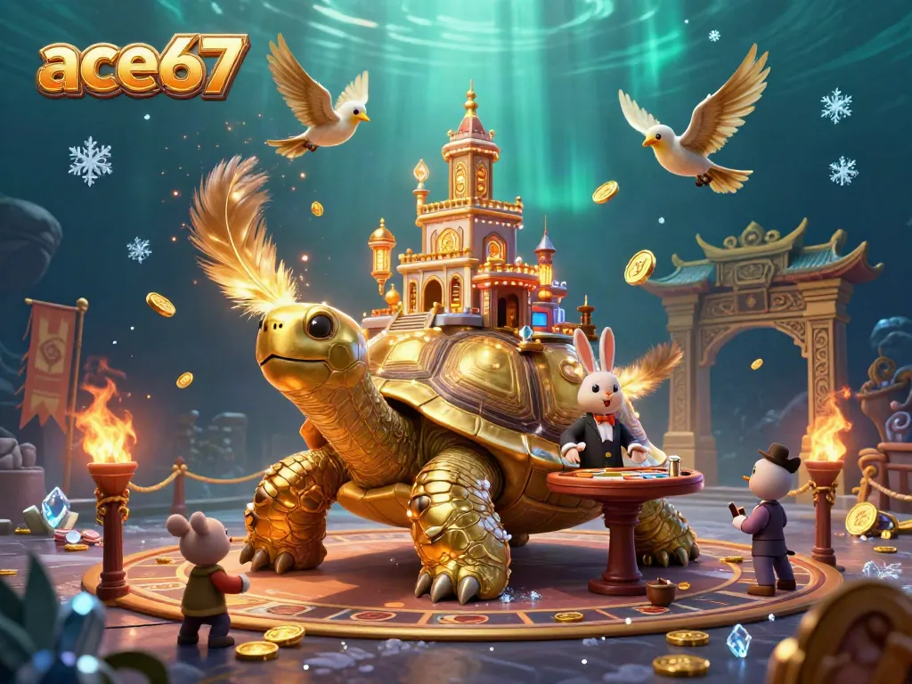 Experience the vibrant ace67 casino world with a golden tortoise and a rabbit dealer amidst a festival of coins.