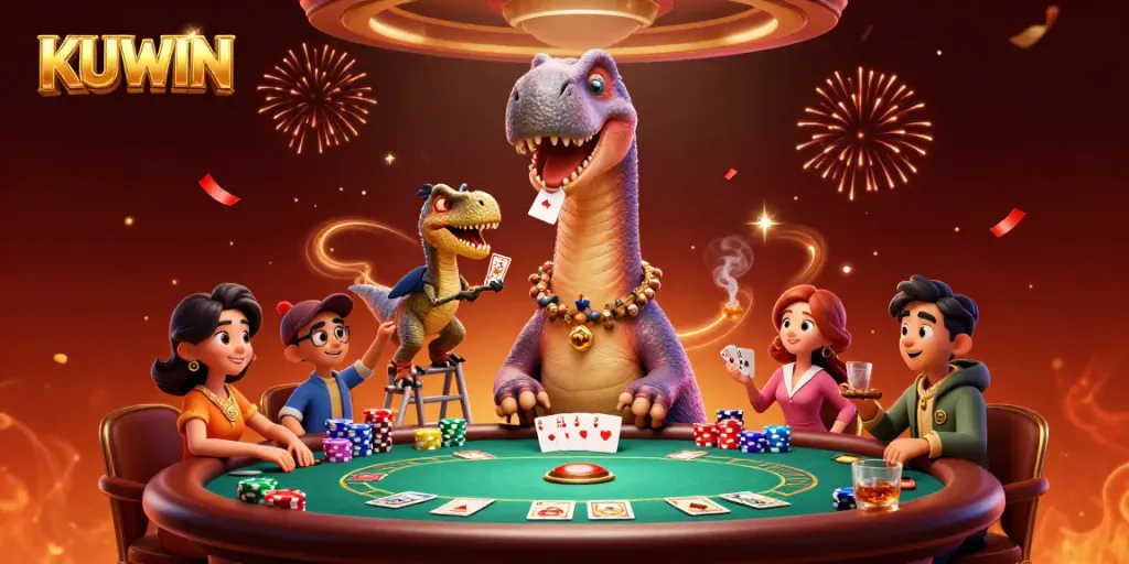 Engage in thrilling poker action with KUWIN, featuring a unique 3D dinosaur casino scene.