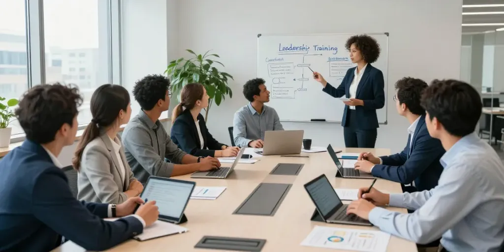 Executive leadership coaching session with diverse professionals collaborating in a modern office setting.