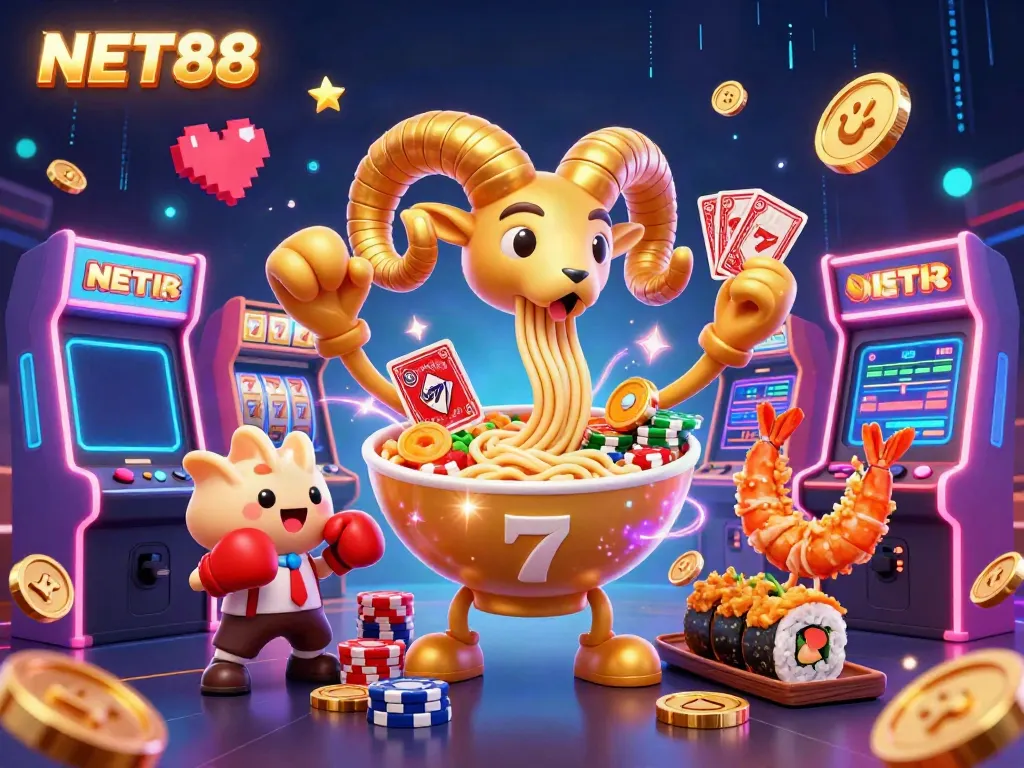 NET88 showcases a lively casino scene with a golden ramen bowl, gyoza, and sushi characters amidst vibrant slot machines.