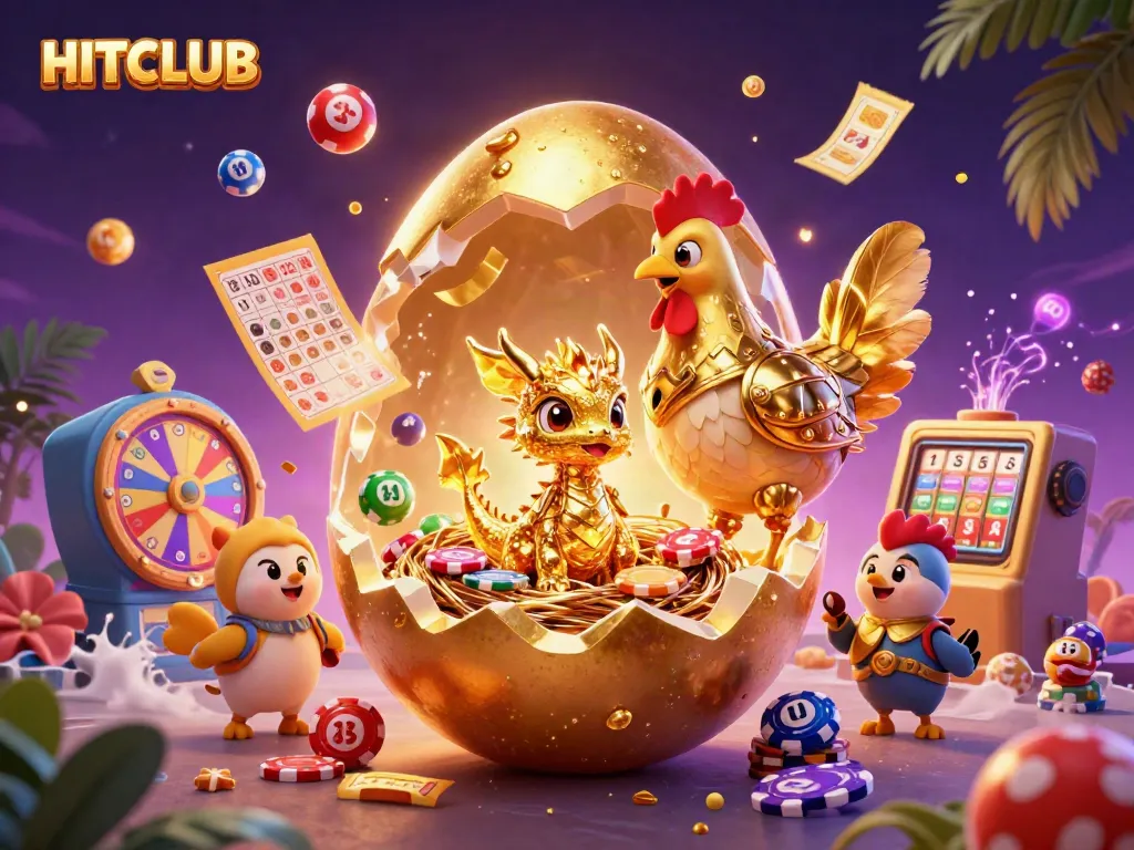 Experience HITCLUB's gaming world with a vibrant scene featuring colorful elements and a golden baby dragon.