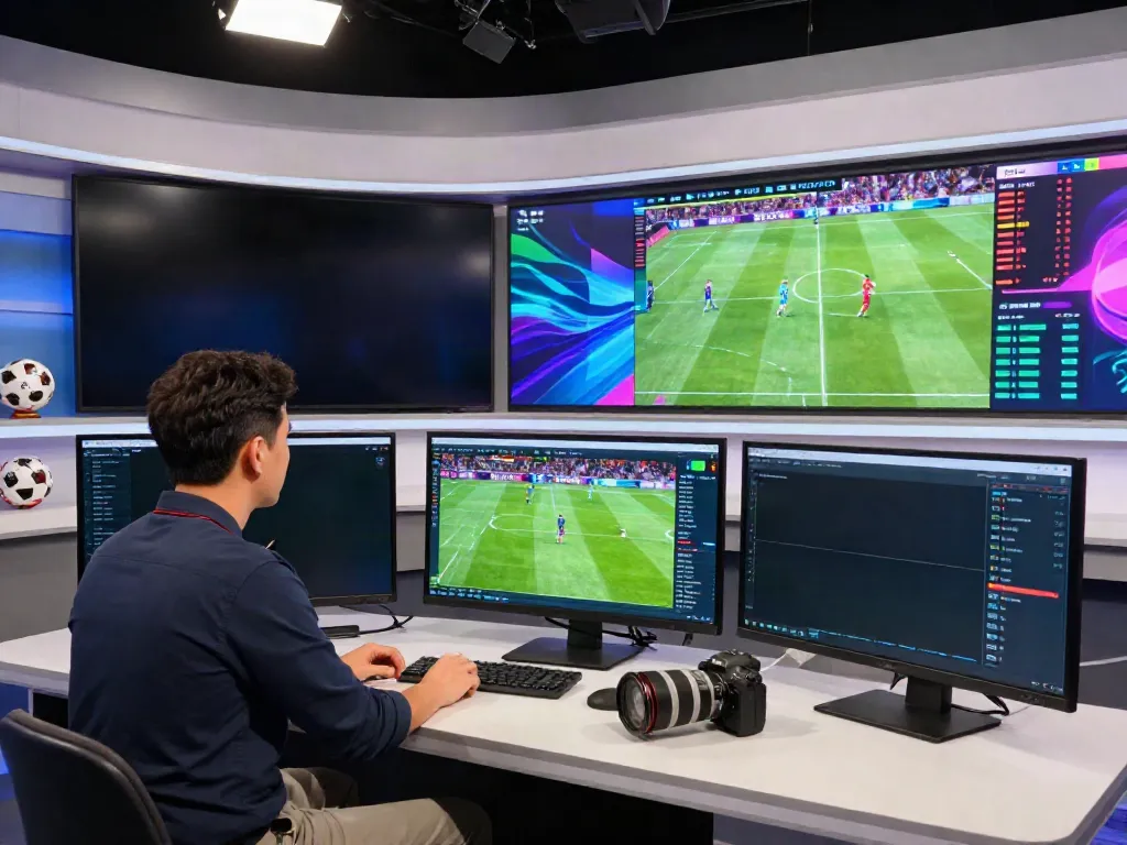 TOP10FOOTBALL expert analyzing player stats and match highlights in a dynamic sports studio setting.
