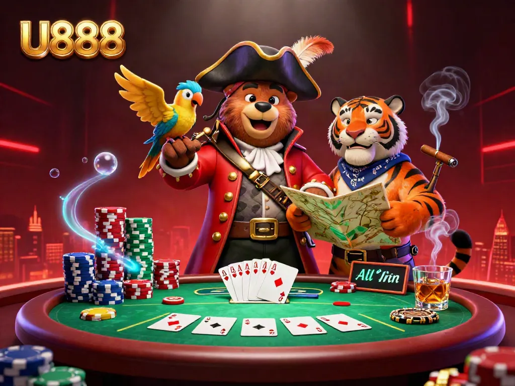 Experience the exciting world of U888 with pirate and tiger characters celebrating poker victories surrounded by colorful game elements.