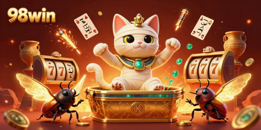 Join the excitement with 98win, as the mummy cat and friends entertain in a vibrant casino.