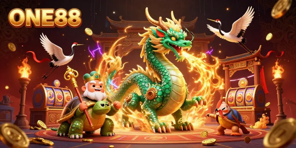 Experience thrilling moments at ONE88 with an emerald jade dragon, turtle sage, and lucky cranes amidst a dynamic casino.