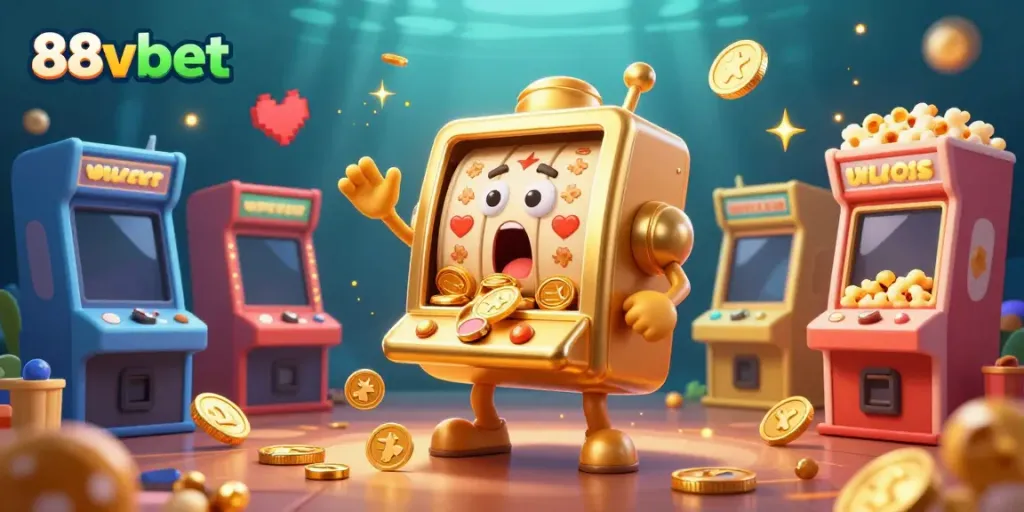 Hit the jackpot with 88vbet's lively 3D casino illustration showcasing golden slot machines and arcade elements.
