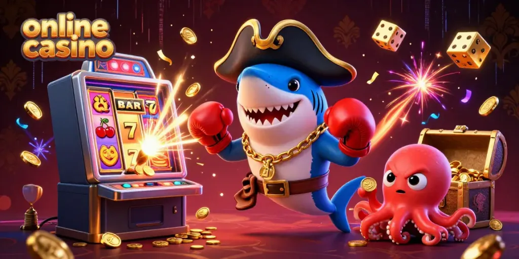 Experience excitement at an online casino with vibrant characters, slot machines, and gold coins.