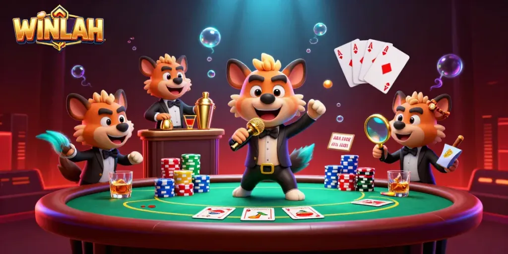 WINLAH casino scene with hyena characters showcasing poker and entertainment in colorful, vibrant 3D