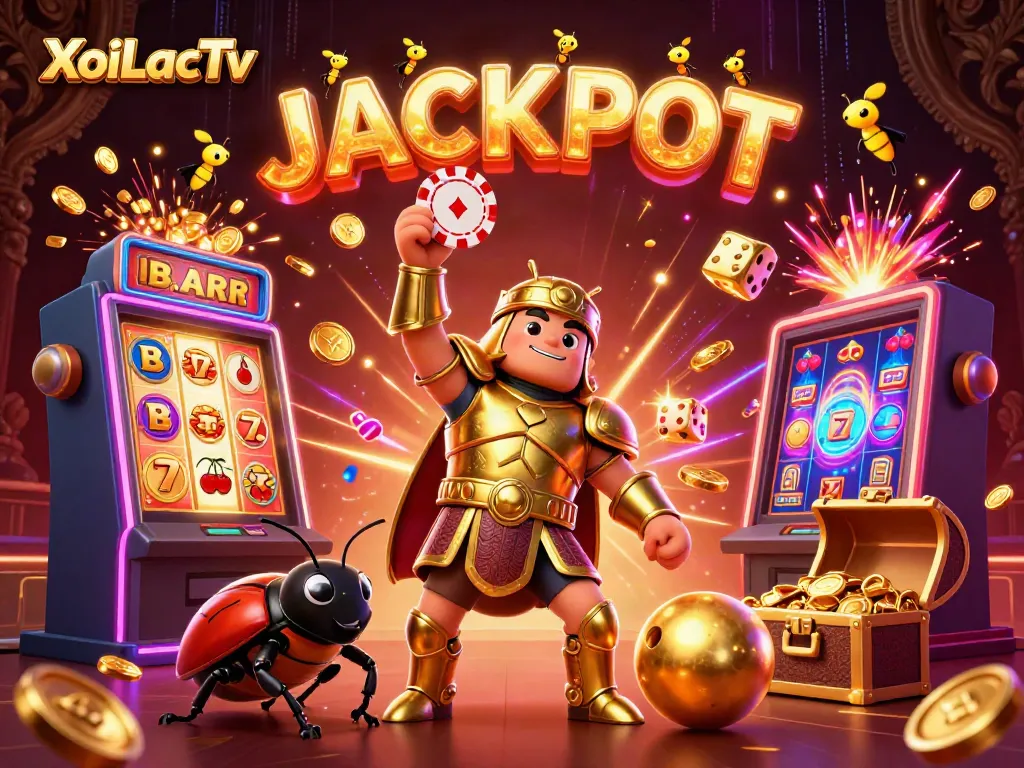 XoiLacTv celebrates wins with cartoon characters lifting a poker chip amidst a vibrant casino atmosphere.