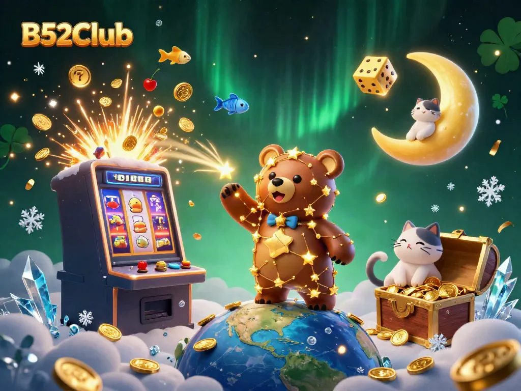 B52Club showcases a 3D cartoon constellation bear collecting coins amidst a dazzling casino scene filled with slot machines and vibrant game symbols.