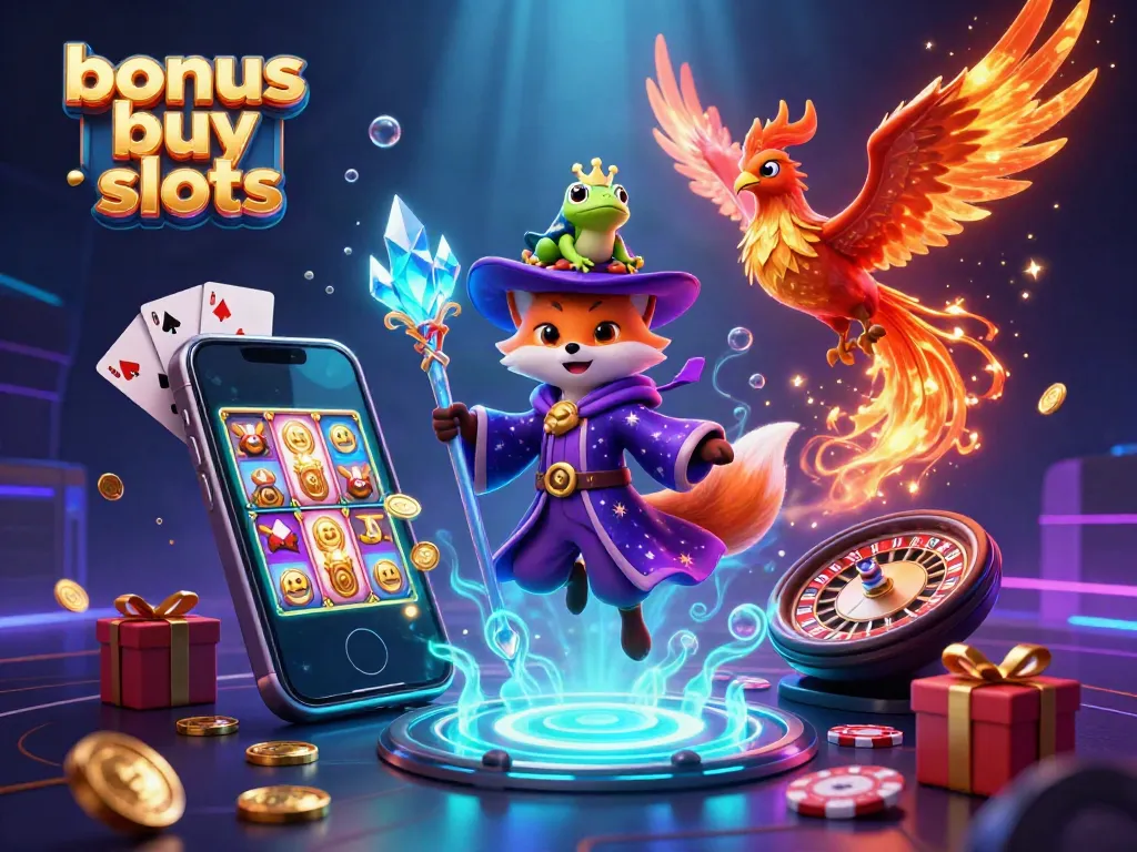 Engage with bonus buy slots featuring a wizard fox and phoenix amidst a vibrant casino scene.