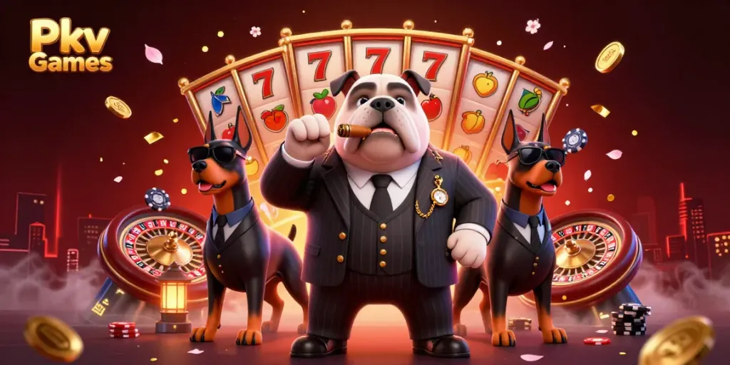 Engage in thrilling Pkv Games with a mafia bulldog boss and lively casino elements.