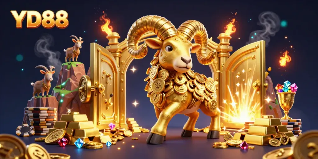 Experience the thrill of YD88 with a golden ram charging through a treasure-filled casino scene.