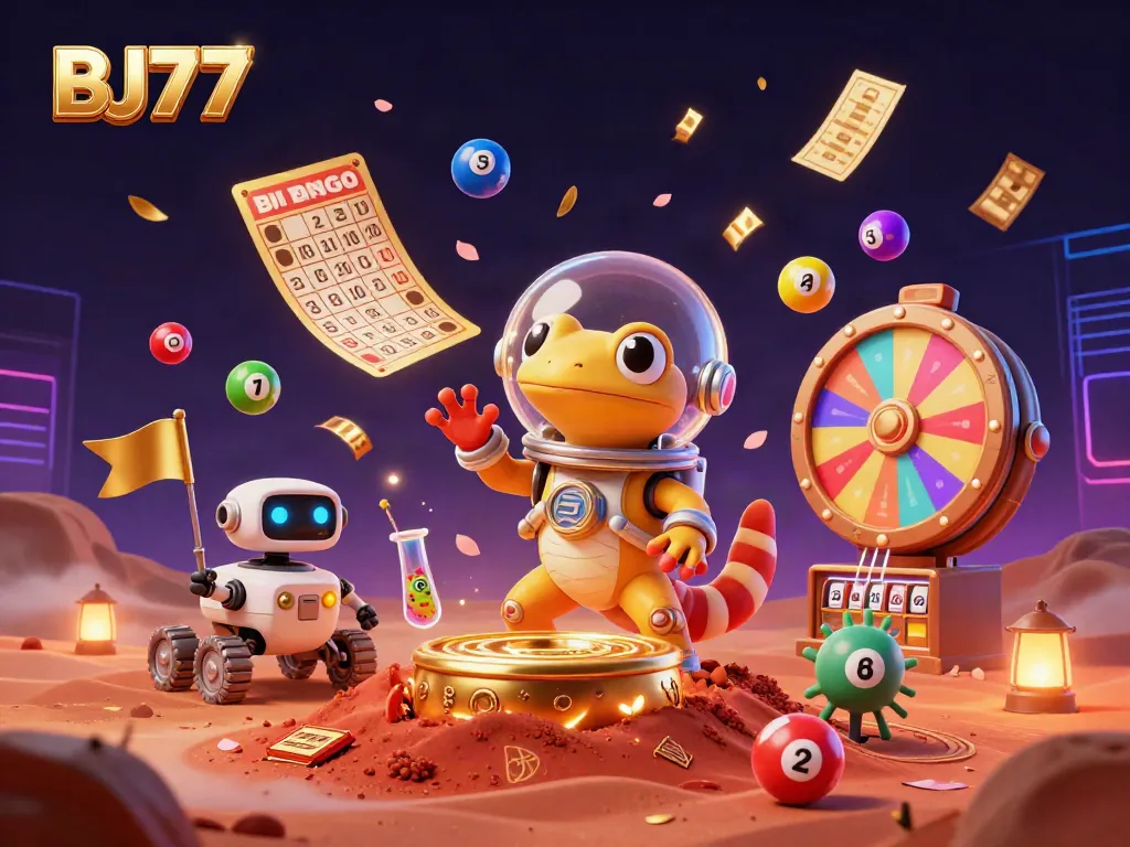 Experience the thrill of BJ77 as the Martian gecko and robot uncover a golden casino amidst vibrant gambling elements.