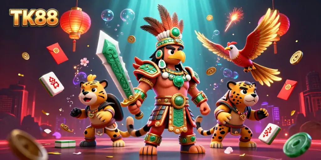 Engage in thrilling gameplay with TK88’s immersive 3D casino scene featuring rich decorations and vibrant colors.