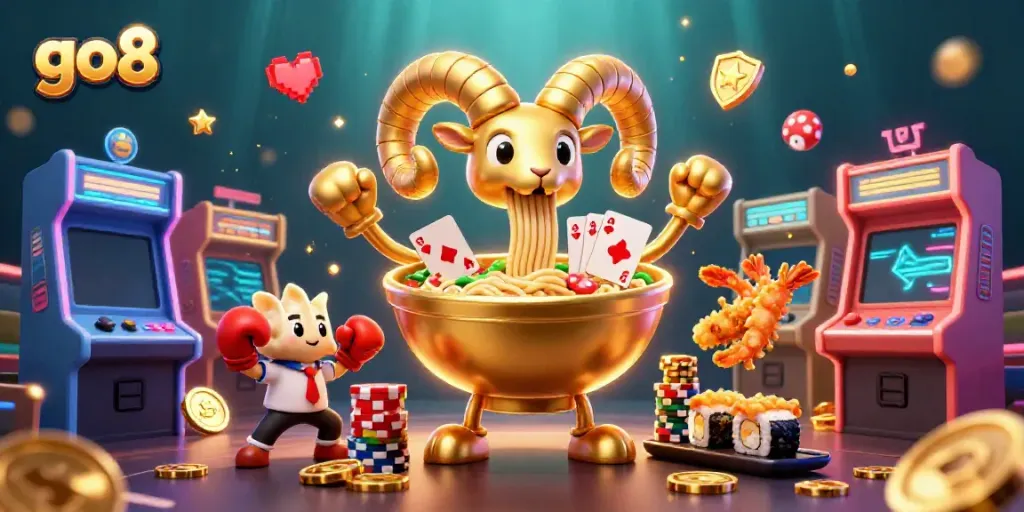 Engaging casino scene with go8's giant ramen bowl, poker cards, and cheerful characters.