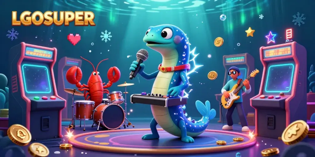 Experience the vibrant underwater casino stage of LGOSUPER, featuring a DJ electric eel, lobster drummer, and seahorse guitarist with dynamic game elements.