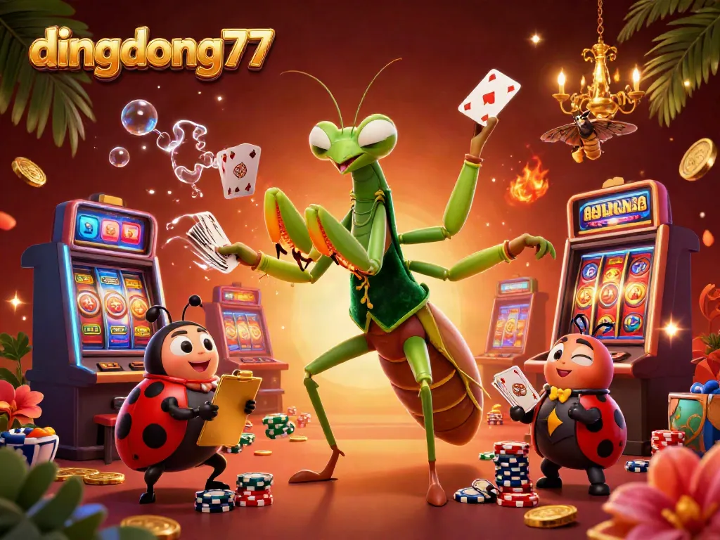 Engage with dingdong77 as the giant praying mantis deals cards amid spectacular casino elements.