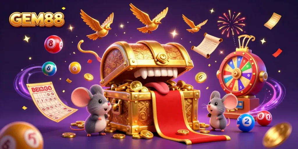 Engage with GEM88’s animated treasure chest scene featuring dynamic lottery games and exciting casino elements.