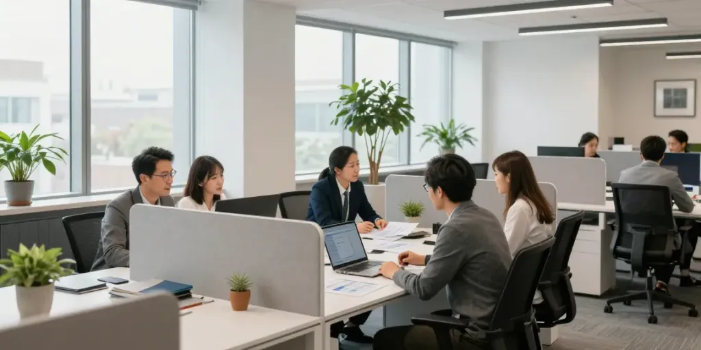 Stylish office partitions creating collaborative workspace for professionals.