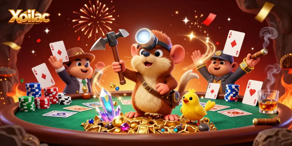 Xoilac features lively poker scenes with a treasure hunter and canary, capturing the essence of online gambling.