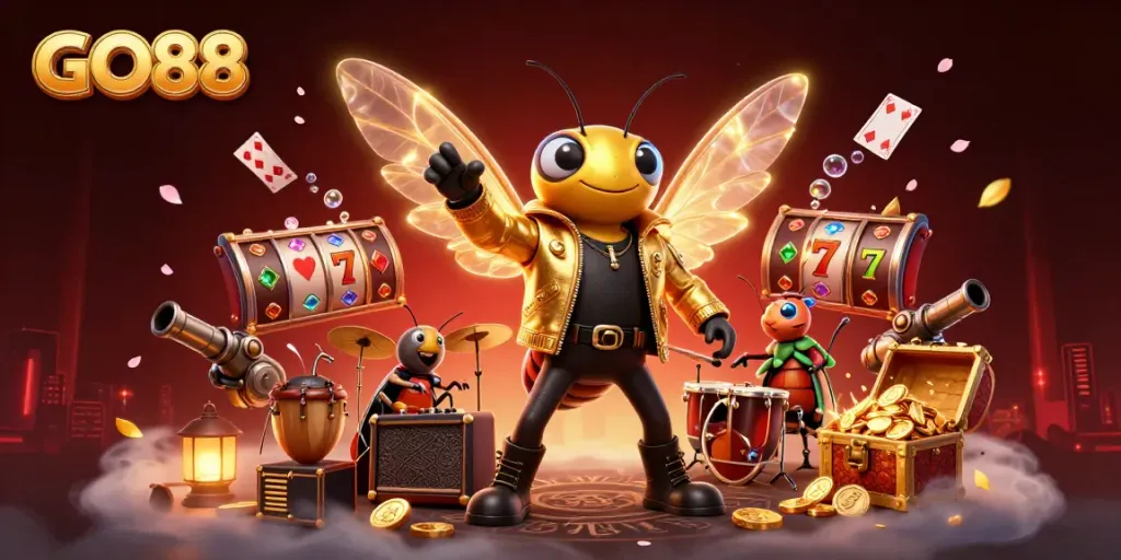 Experience the thrill of GO88 with energetic characters and vibrant casino elements enhancing the gaming atmosphere.
